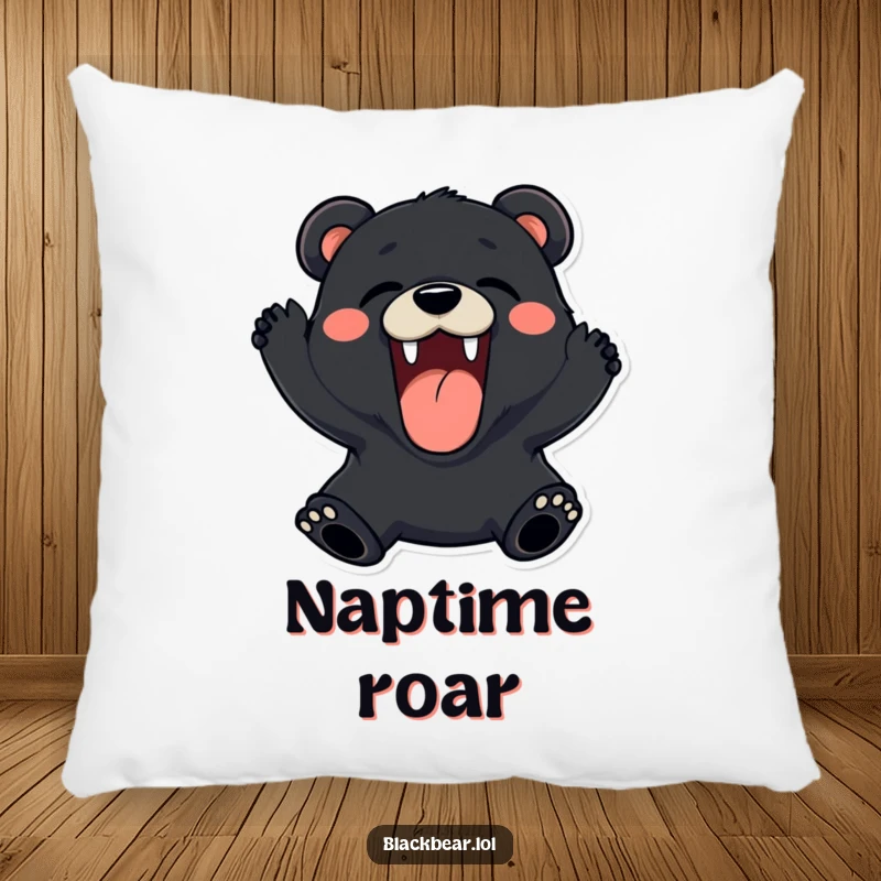 Funny black bear pillow roaring playfully with a wide, happy expression, perfect for comfort and decor.