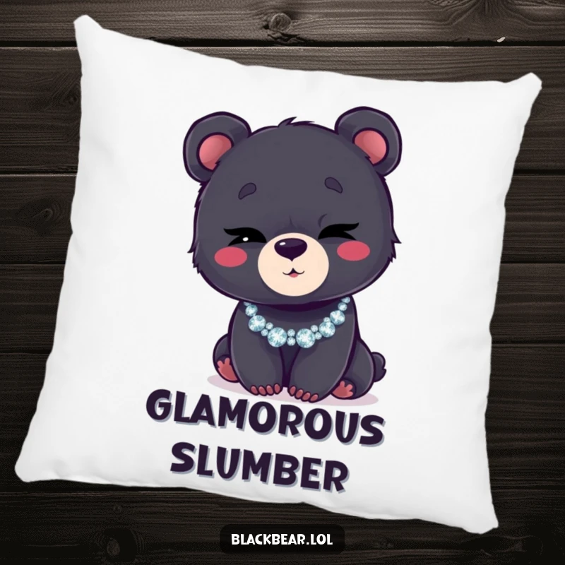 Funny pillow depicting a black bear cub winking flirtatiously while wearing a shiny, glittery necklace.