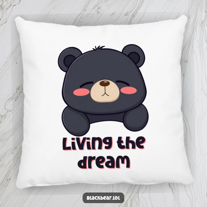 Funny black bear pillow featuring a bear lounging with a deep, contented sigh and eyes closed, promoting relaxation.