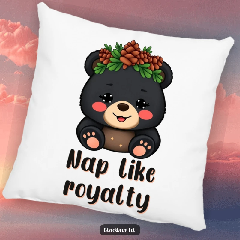 Funny Pillow: Cheerful black bear cub with a pinecone crown waves hello, adding humorous comfort and adorable charm.