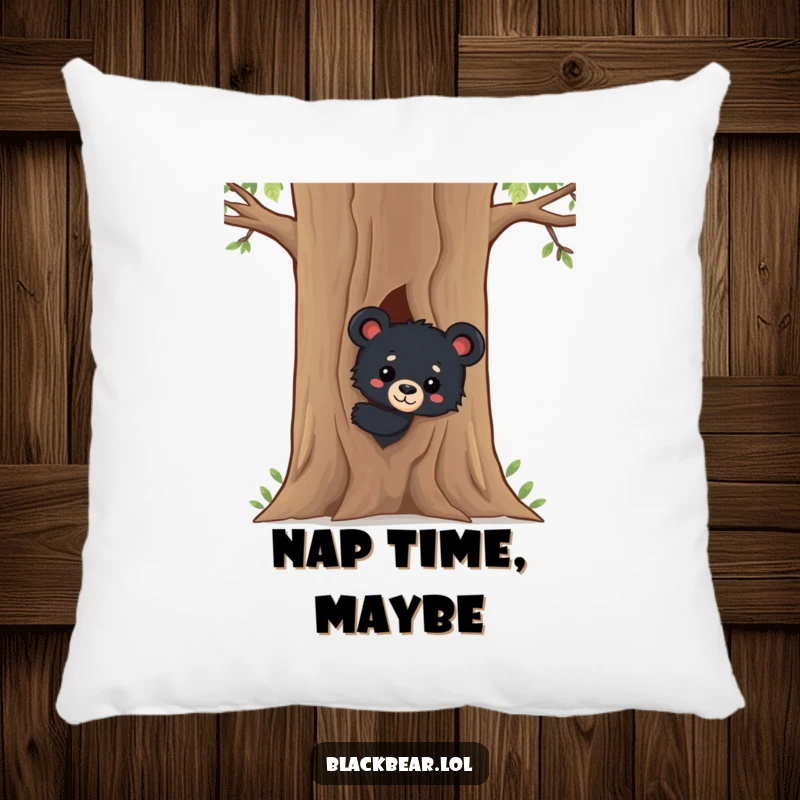 Funny Black Bear Cub Pillow: A soft, decorative pillow featuring a curious black bear cub peeking from behind a tree, bringing adorable wilderness charm indoors.