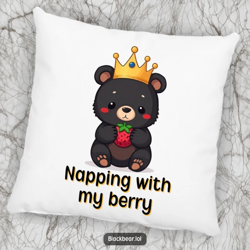 Funny black bear cub pillow, a royal cub in a crown, balancing a berry on its nose, offering comfort with comedic charm.