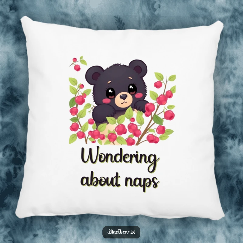 Funny black bear peeking from behind a berry bush, eyes wide with wonder on a soft decorative pillow. Curious and humorous forest animal accent.