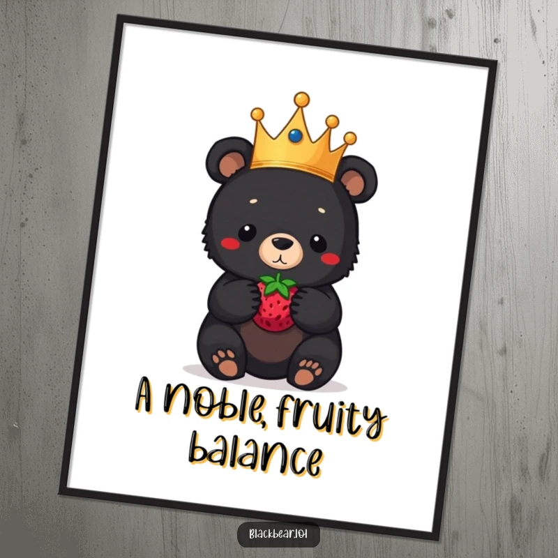 Funny black bear cub digital art print, a royal cub in a crown, hilariously balancing a berry on its nose, instant regal humor.