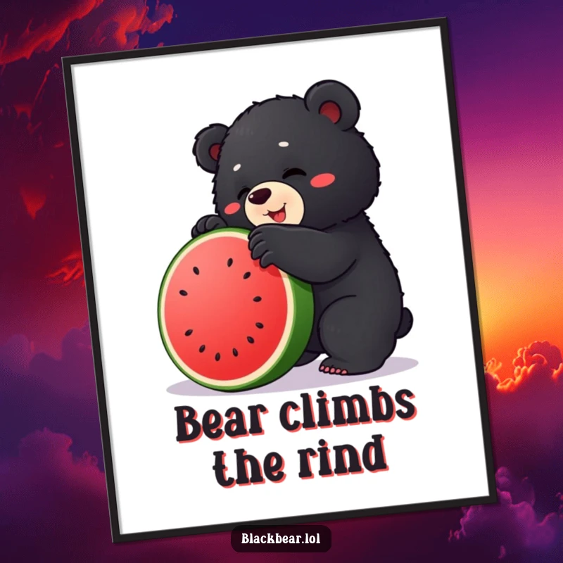 Funny digital art print of a chubby black bear cub hilariously trying to climb a watermelon, perfect for cute decor.