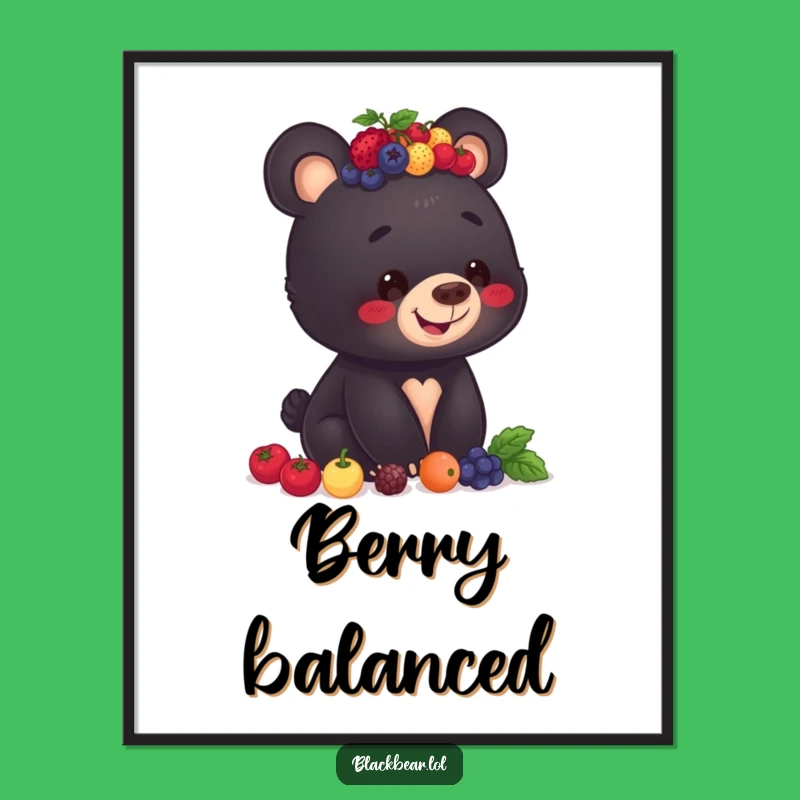 Funny Berry Bear Cub Digital Art - Balancing Berries Poster, Instant Gift