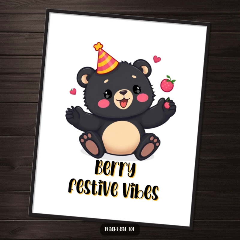 Funny Digital Art Print: Playful black bear cub wearing a party hat, juggling colorful berries, creating a lively and humorous display.