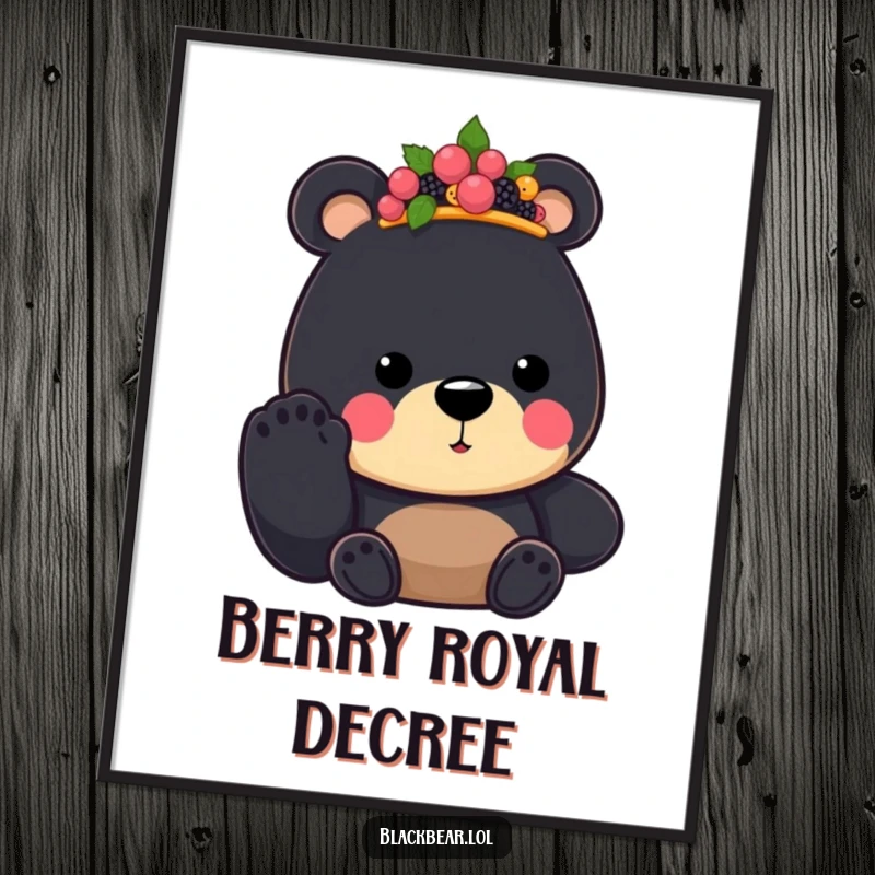 Funny Black Bear King Digital Art Print, featuring a regal bear with a berry crown offering a paw, perfect for humorous online display.