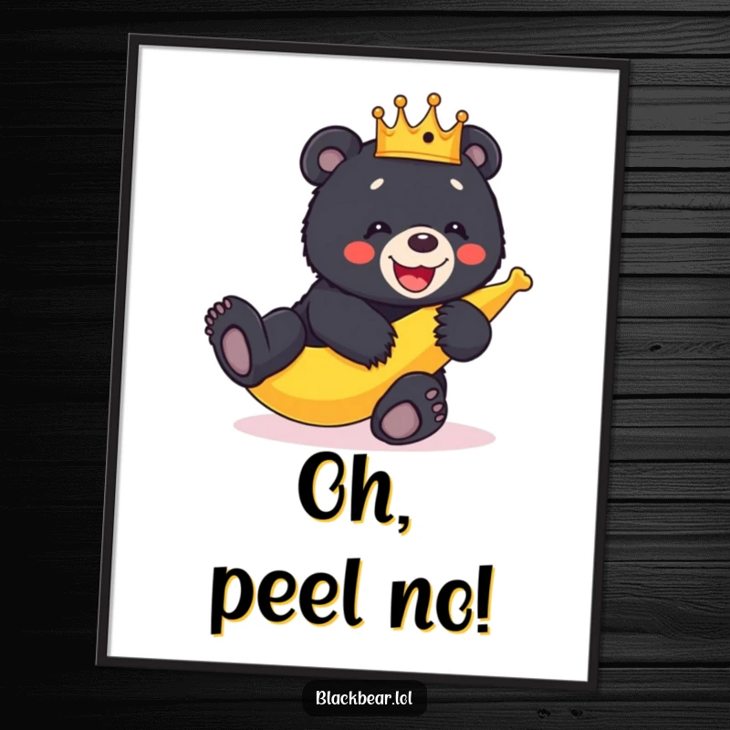 Funny crowned black bear cub slipping on a banana peel, captured in a high-quality digital art print for instant humor.