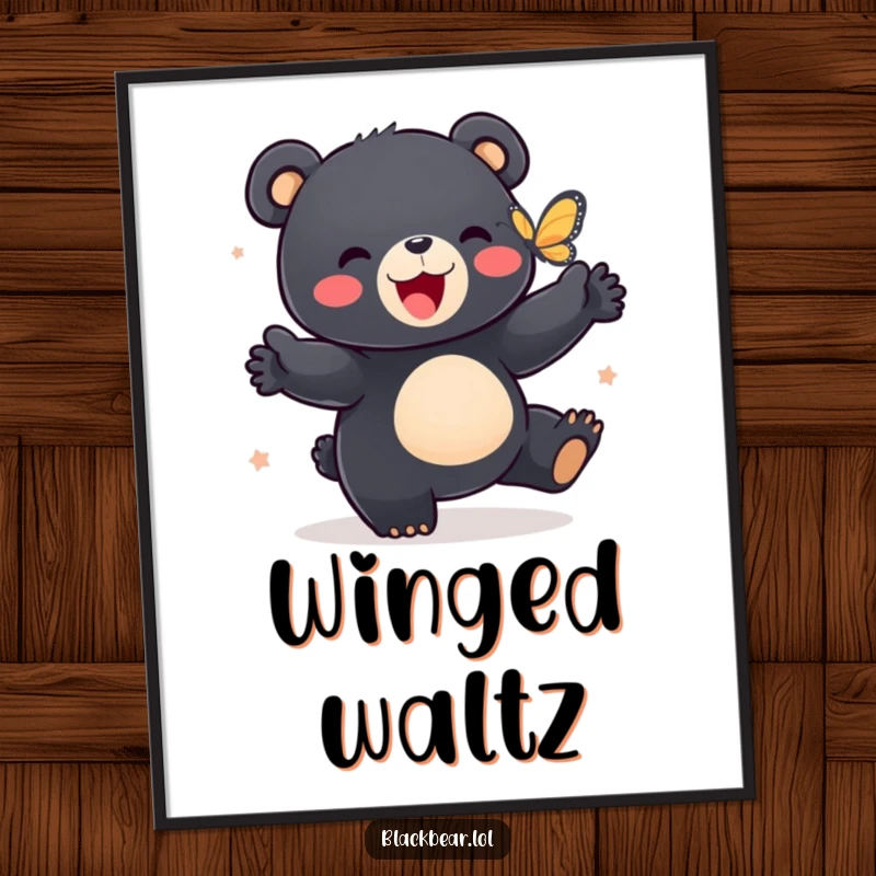 Funny digital art print of a black bear cub doing a happy dance with a butterfly, full of life and energy.