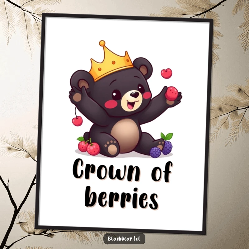 Funny Bear Cub Digital Art: Charming black bear cub with a crown playfully juggles berries, offering downloadable skill and cuteness.
