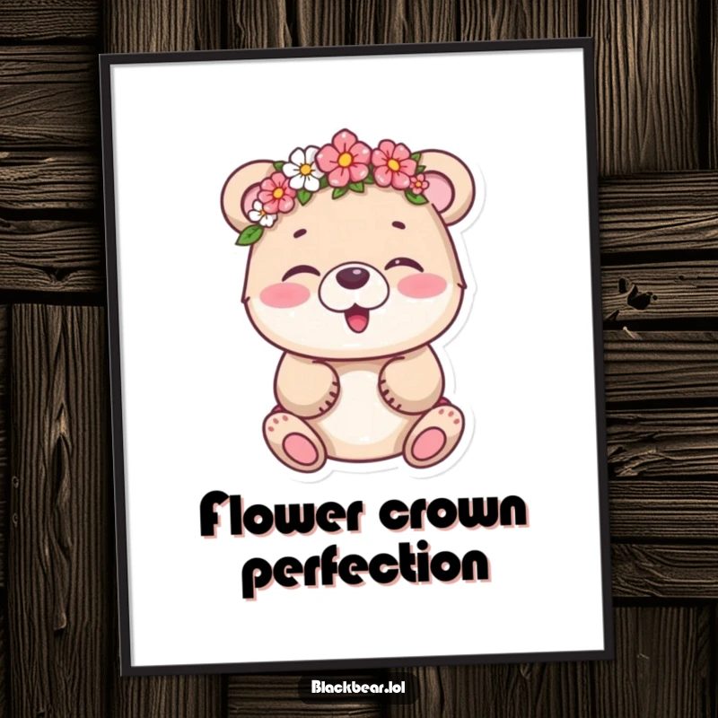 Funny bear cub giggling hysterically, with a flower crown askew, available as a high-resolution digital art print.