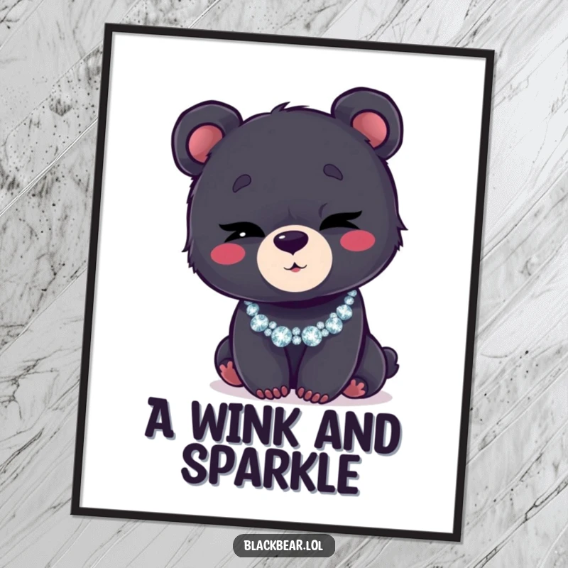 Funny digital art print of a black bear cub winking cheekily while wearing a dazzling, glittery necklace, ideal for decor.