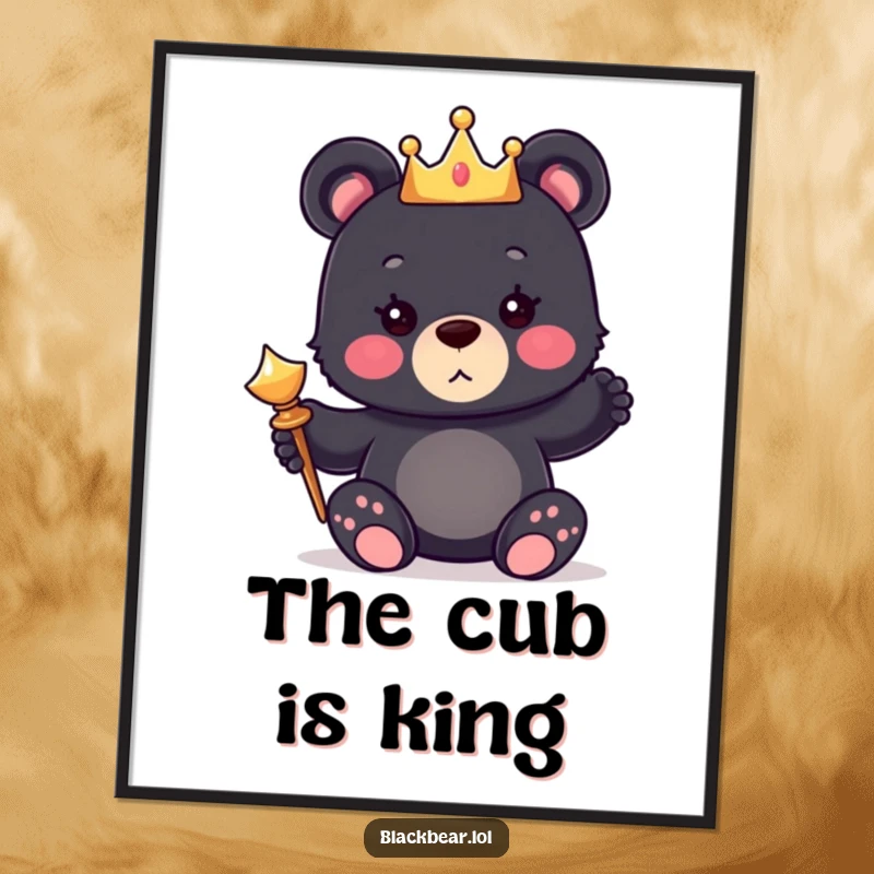 Funny digital art print of a cute black bear cub wearing a tiny crown and holding a shiny scepter, whimsical and regal.