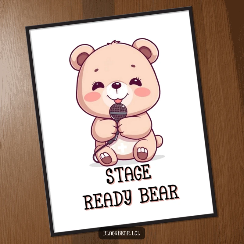 Funny Digital Art: Cute bear cub with a radiant smile, holding a tiny microphone, ready to sing.