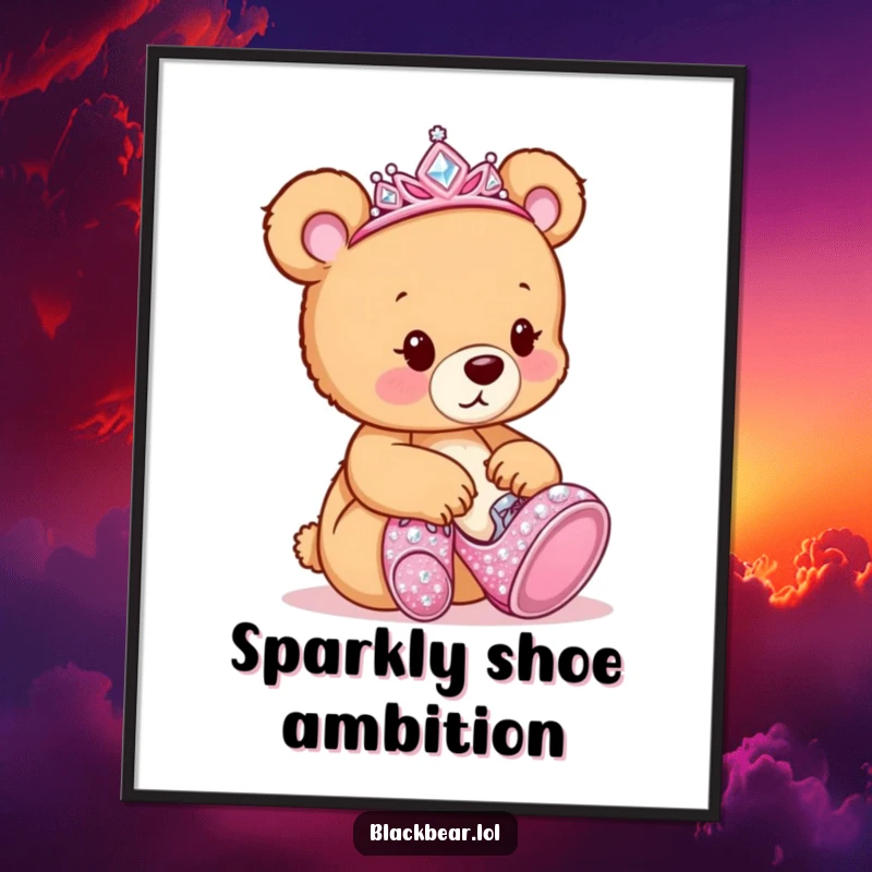Funny Digital Art: Bear cub wearing a tiara, curiously trying on large, glittering high-heeled shoes.