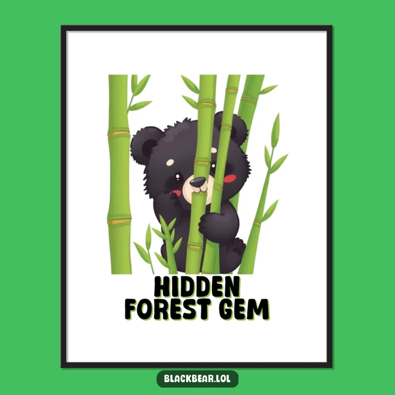 Funny Black Bear Cub Bamboo Peek Digital Art Print: Instant Humor for Your Walls
