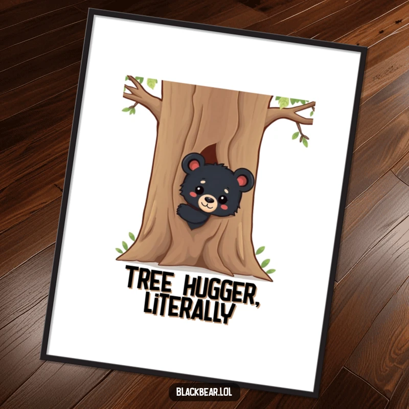 Funny Black Bear Cub Digital Art Print: A high-resolution image of a curious black bear cub peeking from behind a tree, perfect for printable wall decor.