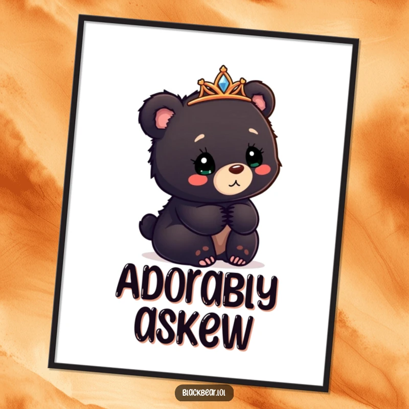 Funny black bear cub digital art print with a tiara askew, looking confusedly delighted, printable decor.