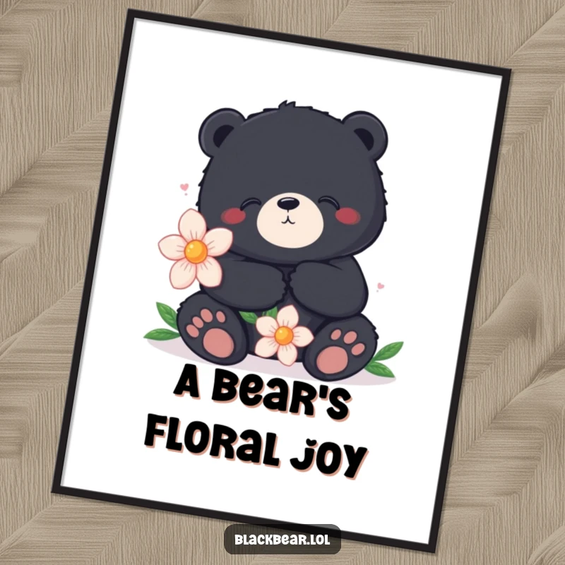 Funny digital art print of a content black bear holding a large flower, perfect for calm and humorous wall decor.