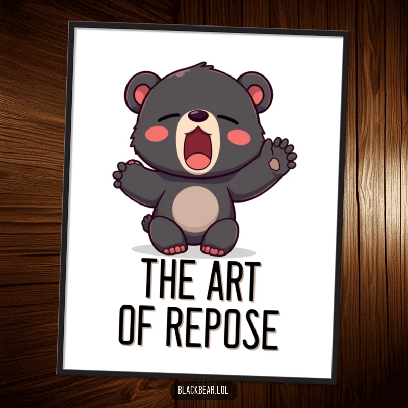Funny digital art print of a black bear cub in a huge yawn, stretching a paw, perfect for a cozy, sleepy vibe.