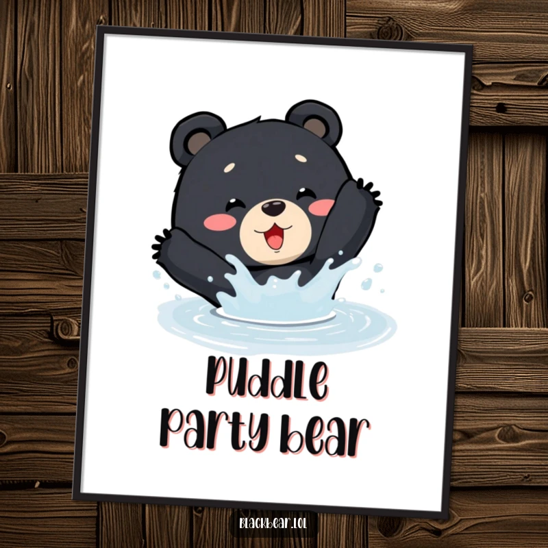Funny Digital Art: A black bear enthusiastically splashes in a puddle, ideal for printable nature-themed decor.