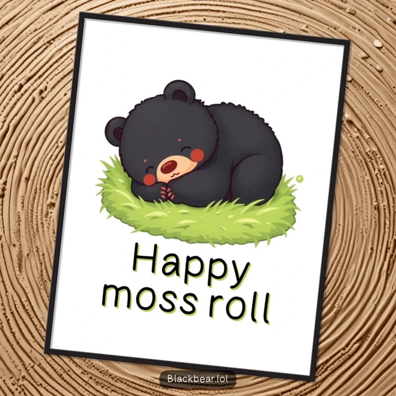 Funny digital art print of a black bear cub rolling with absolute happiness in a soft, green mossy bed, evoking peace and joy.