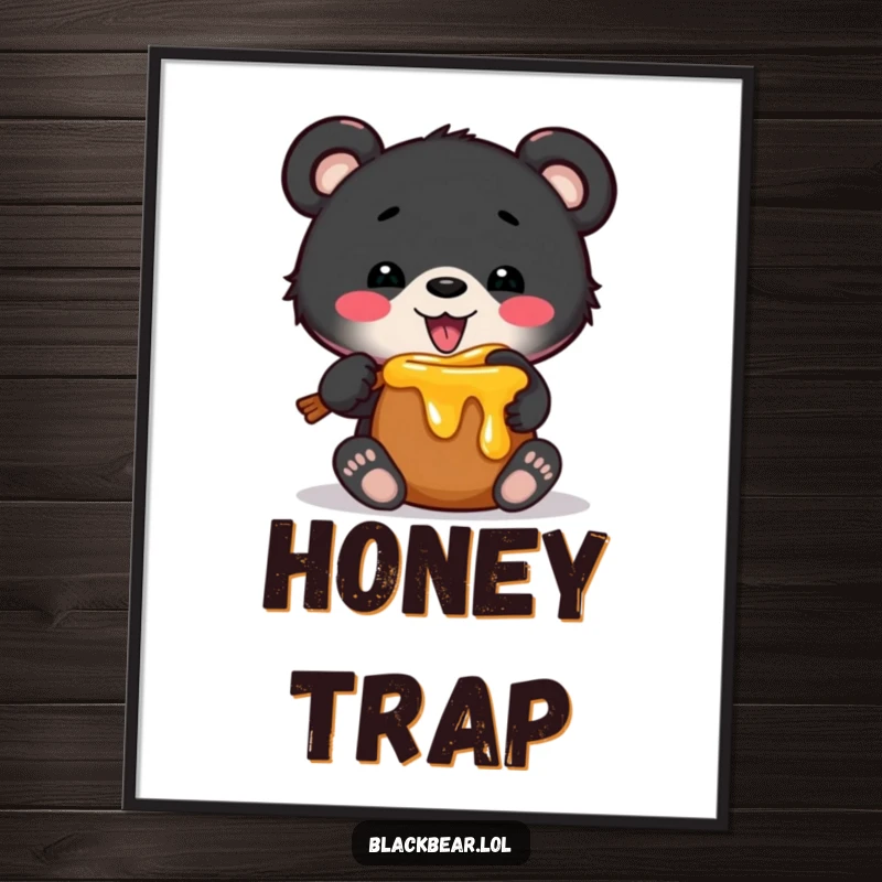 Funny digital art print of a black bear cub humorously stuck in a tiny honey pot, conveying a sweet and comical situation for instant wall decor.