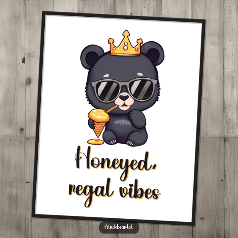 Funny Digital Art Print: A curious bear cub king with sunglasses, enjoying honey from a cone, bringing instant regal charm and sweetness to any wall.