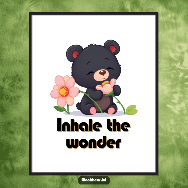 Funny curious black bear cub digital art print of a cub delightedly sniffing a giant flower, capturing natural beauty.