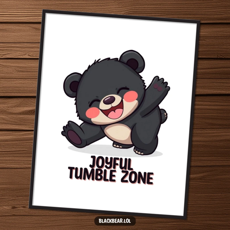 Funny happy black bear cub digital art print of a cub tripping with overwhelming joy, capturing pure, uninhibited happiness.