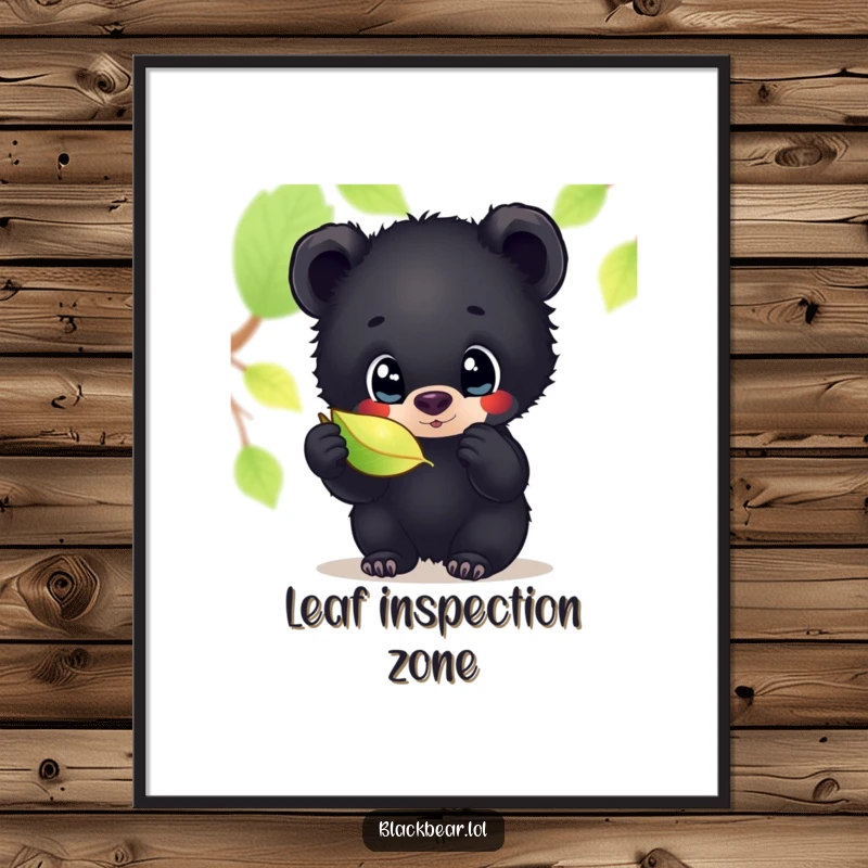 Funny digital art print of a black bear cub with wide, curious eyes, intently examining a shimmering leaf, evoking a sense of wonder.