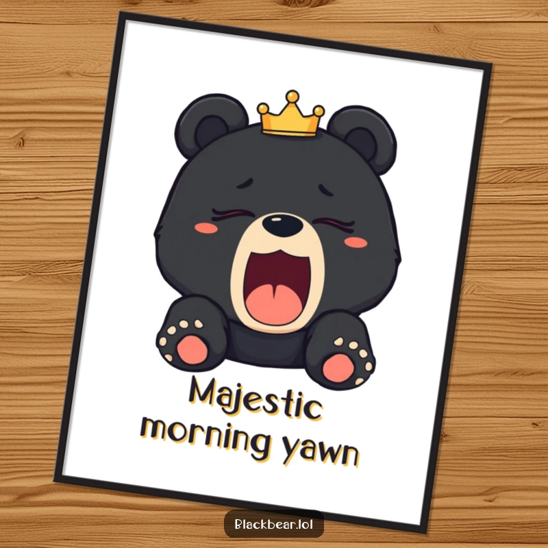 Funny sleepy black bear cub digital art print of a cub yawning with a tilted crown, capturing regal exhaustion.