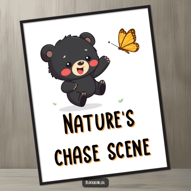 Funny digital art print of a black bear cub happily chasing a bouncing butterfly, symbolizing joy and carefree fun.