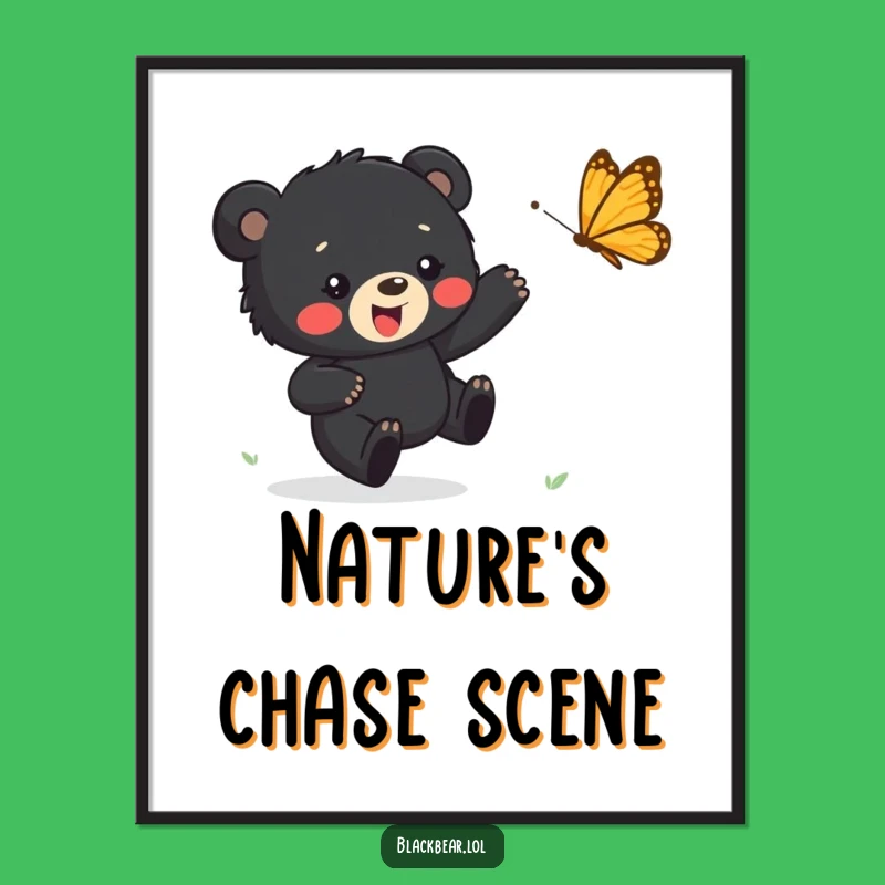 Funny Bear Cub Butterfly Digital Art - Happy Chase Wall Art, Perfect Funny Gift