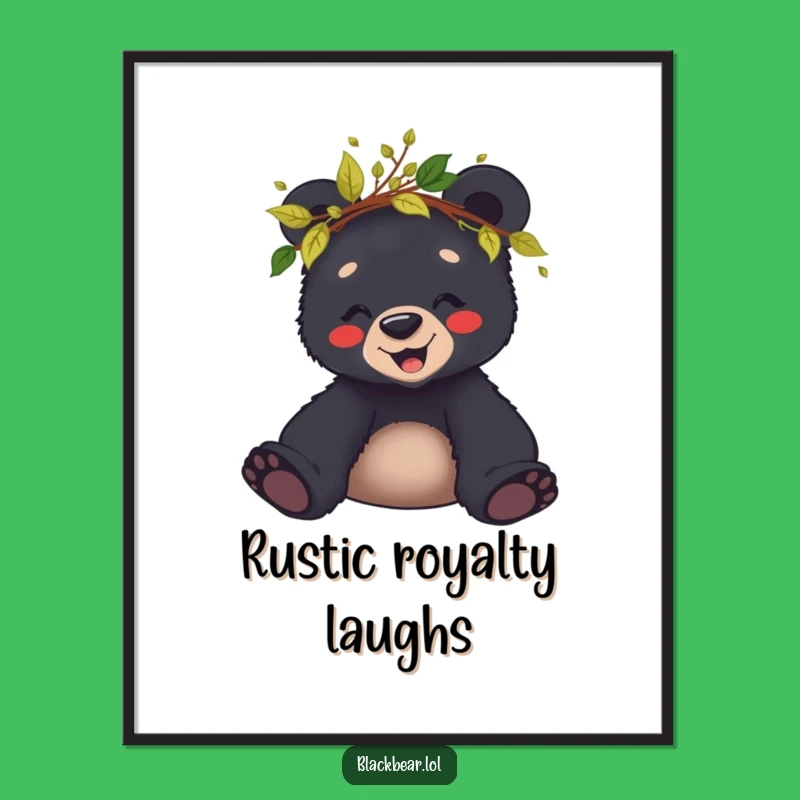 Funny Giggling Bear Cub Leaf Crown Digital Art - Woodland Print Gift