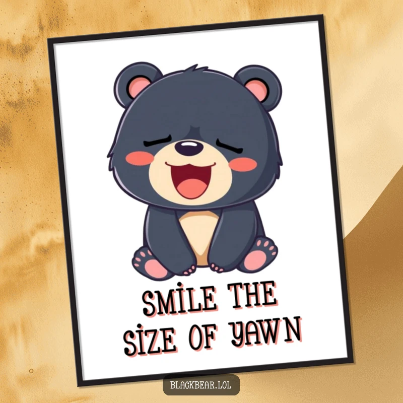 Funny digital art print of a sleepy black bear cub yawning a big, wide smile, perfect for cozy decor.
