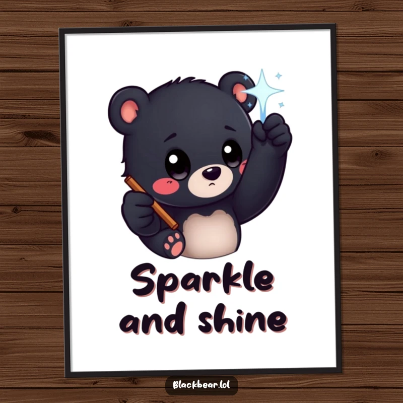 Funny black bear cub with big curious eyes reaching for a sparkling magic wand, available as a high-resolution digital art print.