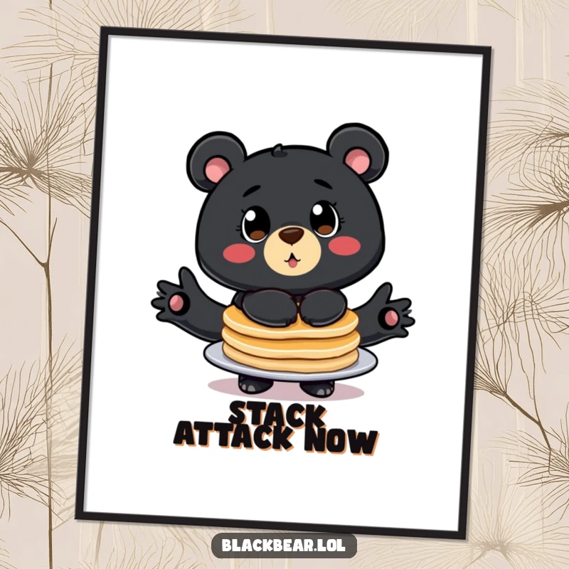 Funny digital art print of a stylized black bear with big eyes, comically balancing a tall stack of pancakes, whimsical.