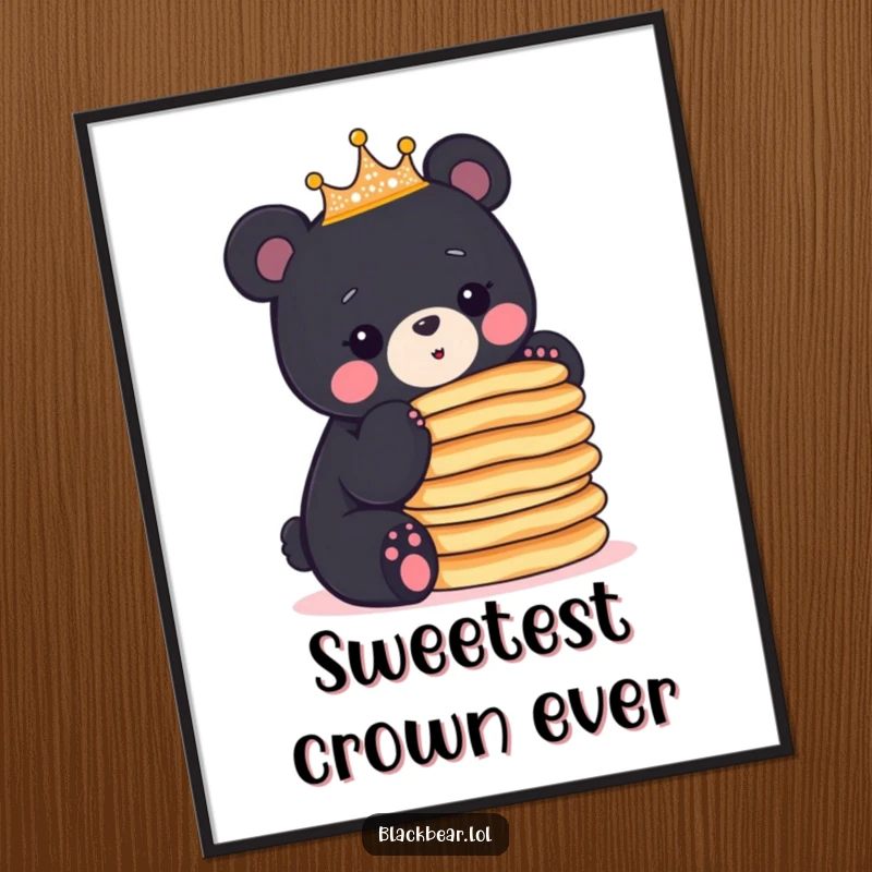 Funny crowned black bear cub balancing a stack of pancakes, captured in a high-quality digital art print for instant whimsy.