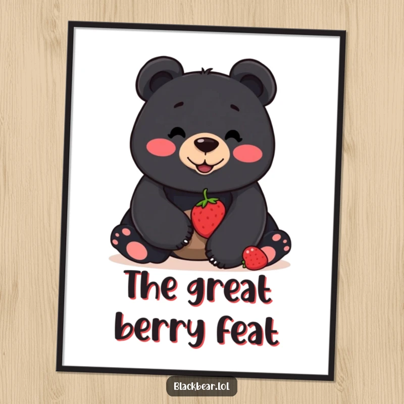 Funny digital art print of a smiling black bear balancing a single berry on its nose, ideal for humorous and skilled decor.