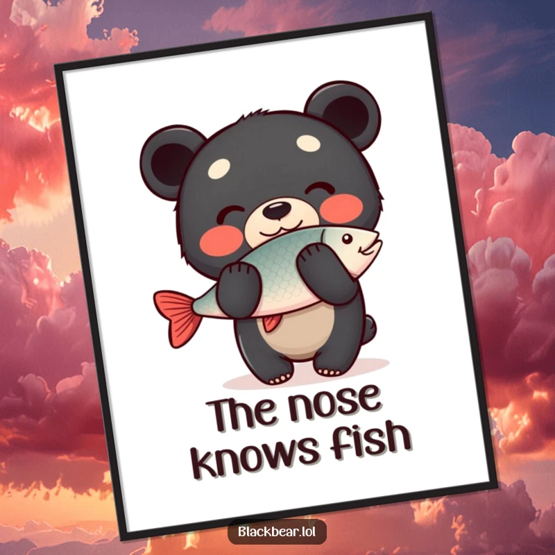 Funny Digital Art Print: Happy black bear cub balances a fish on its nose with a cheerful expression, creating a humorous display.