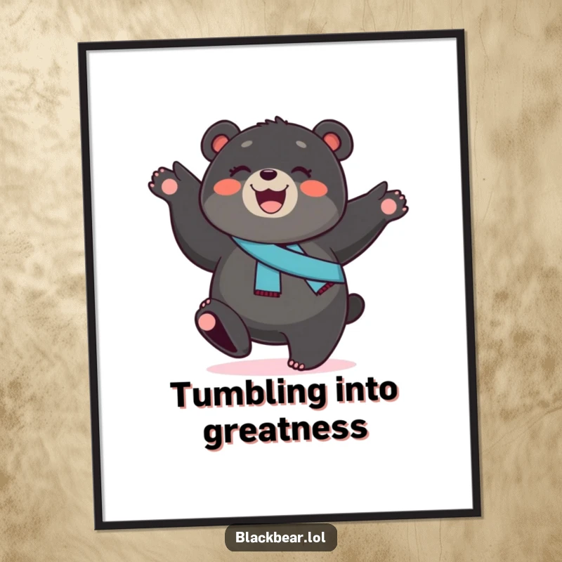 Funny black bear cub digital art print, a smiling cub with a sash, performing a cartwheel, for instant energetic and humorous decor.
