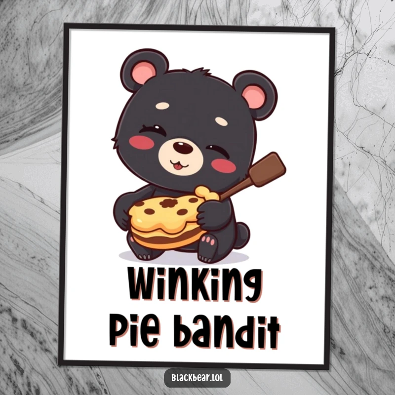 Funny Digital Art Print: a black bear cub winking slyly while holding a stolen pie, bringing humor and sweetness.
