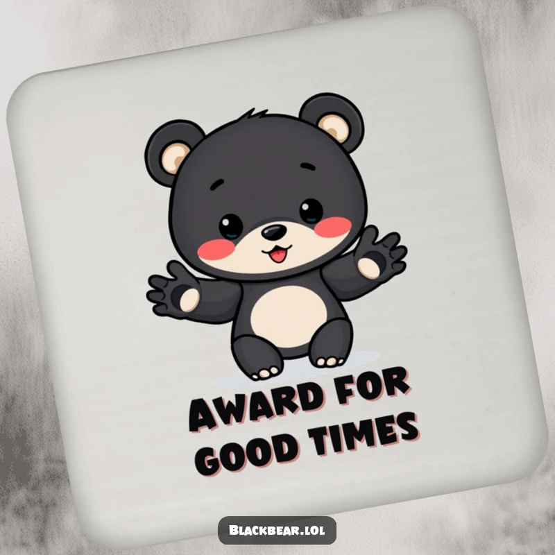 Funny Award Bear Cub Coaster: Bear cub proudly presents an award with outstretched paws, protecting tables with a funny flourish.