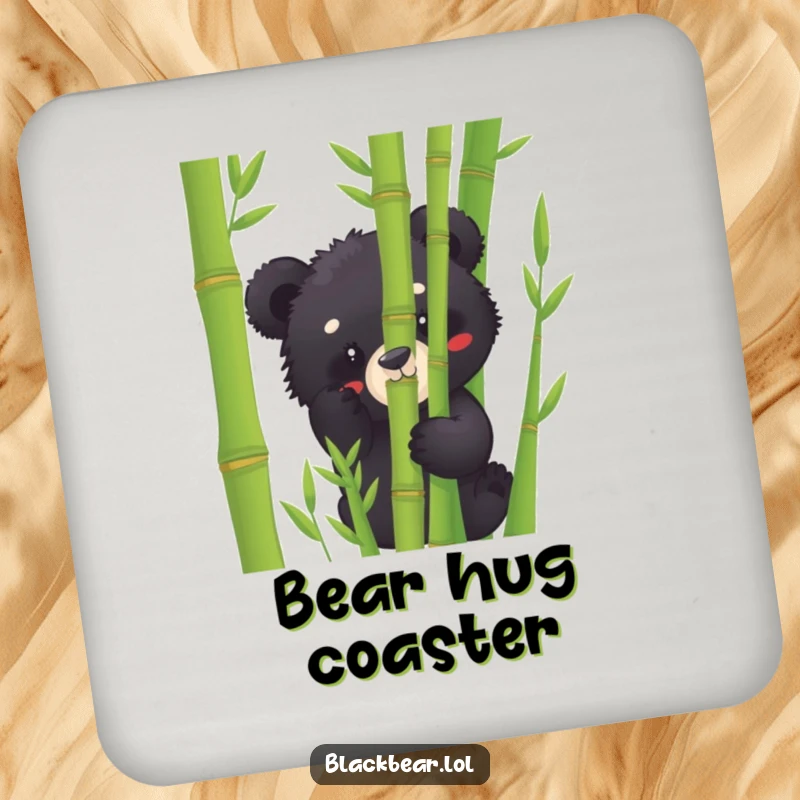 Funny black bear cub coaster peeking from bamboo, offering a humorous and practical way to protect furniture.