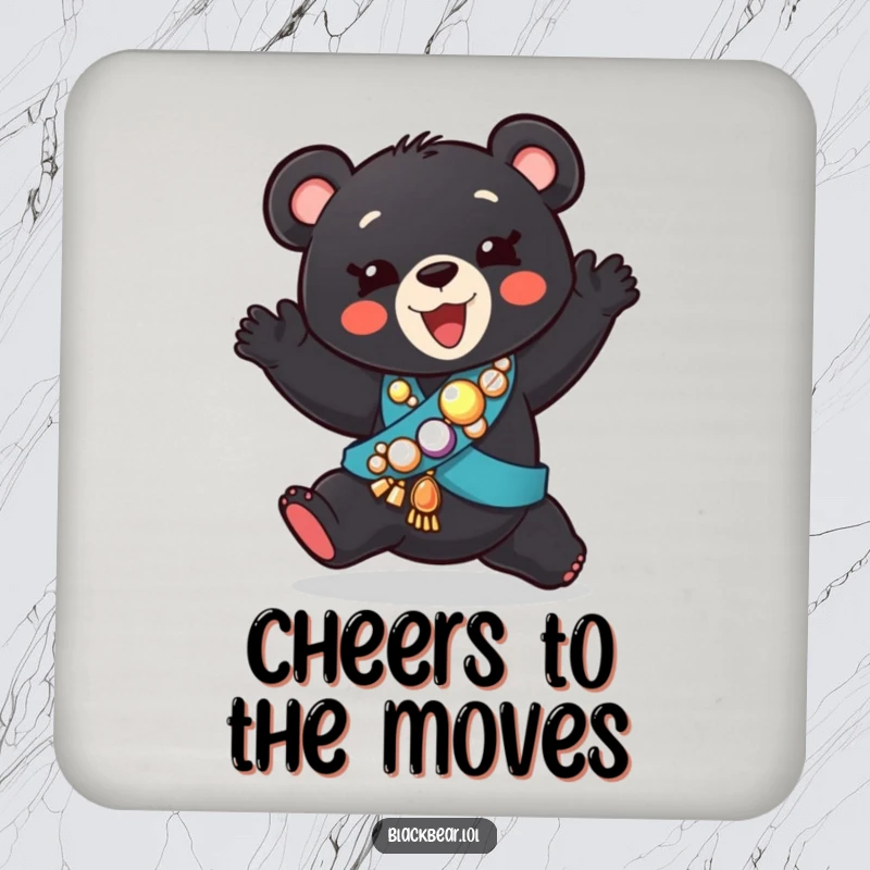 Funny coaster featuring a black bear cub in a jeweled sash, performing a silly dance, protecting surfaces with joy.