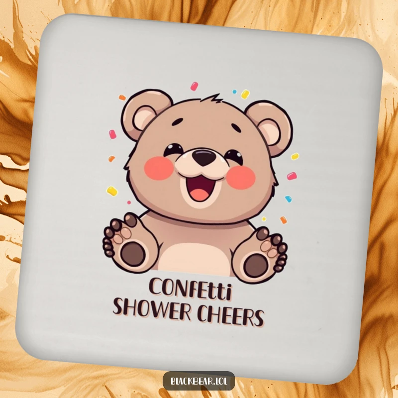 Funny bear cub with a happy expression tossing confetti, printed on a drink coaster, offering protection and festive humor.