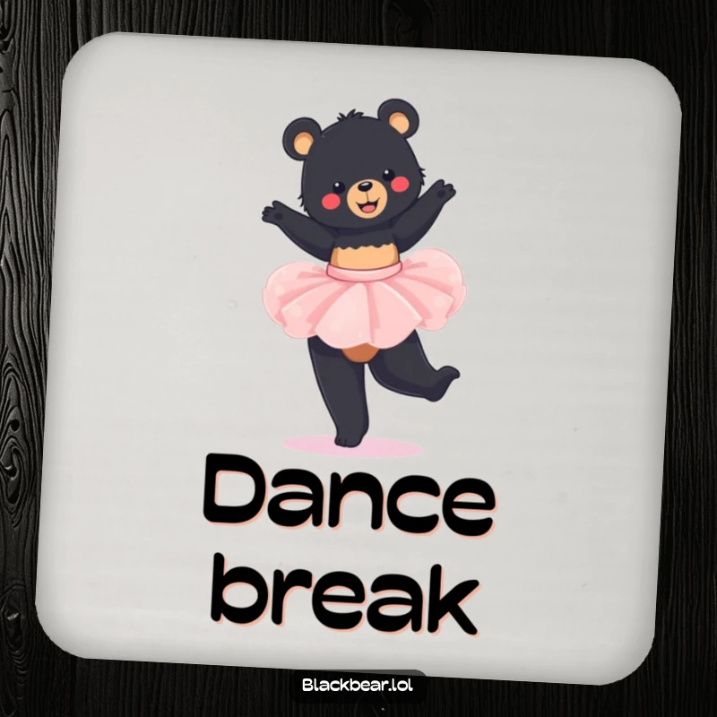 Funny Coaster: Adorable black bear cub in a tutu, captured mid-twirl, protecting surfaces with style.