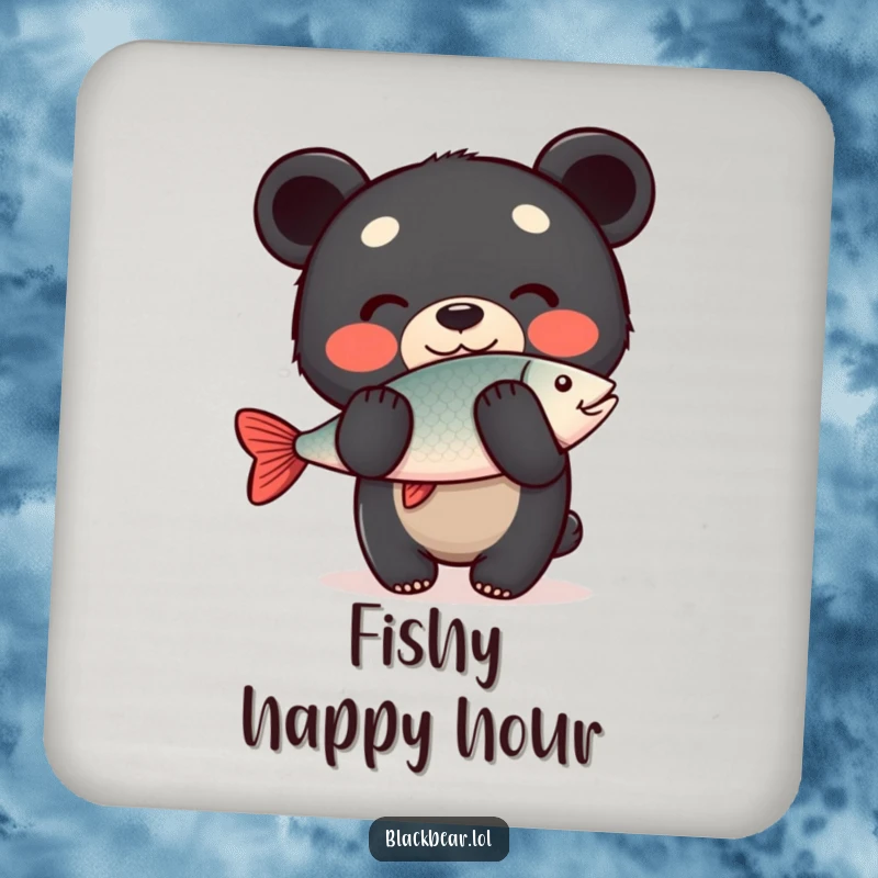 Funny Drink Coaster: Happy black bear cub balancing a fish on its nose, adding fishing humor to drink service.